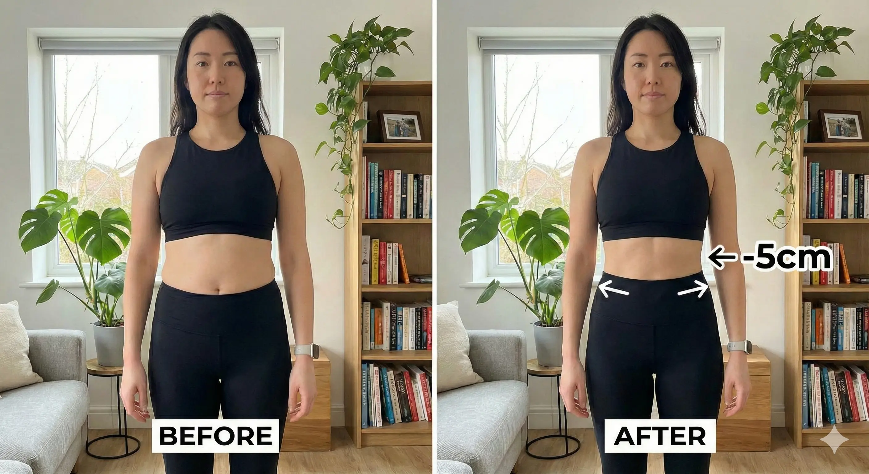 姫路市在住30代産後ママの加圧トレーニングビフォーアフター写真。3ヶ月・週1回の通院でウエストが-5cmになった症例。
