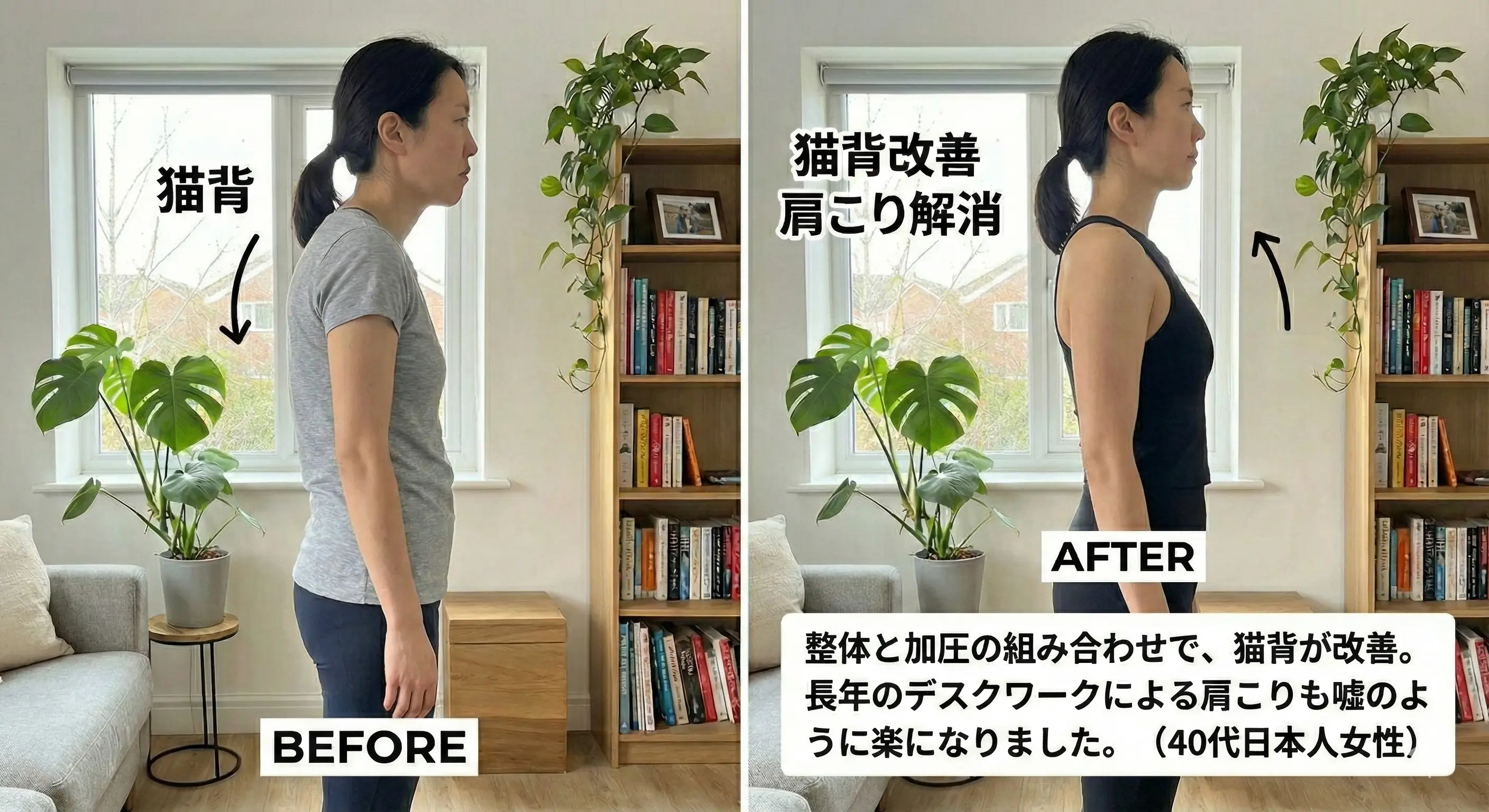 姫路市の40代女性の猫背・巻き肩が整体とトレーニングの併用で改善した姿勢ビフォーアフター。